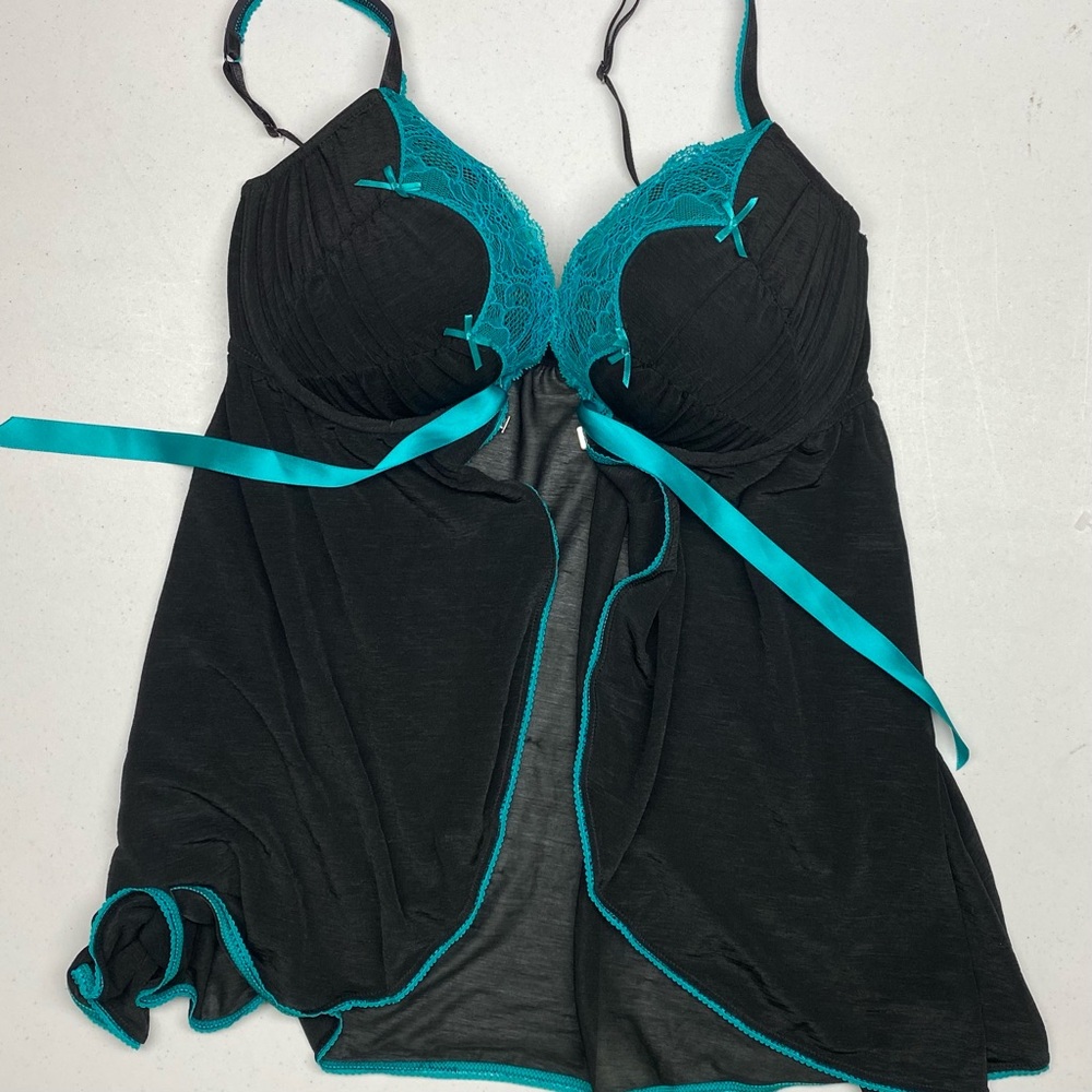 La SENZA Black and Teal Lace Trim Babydoll Chemise